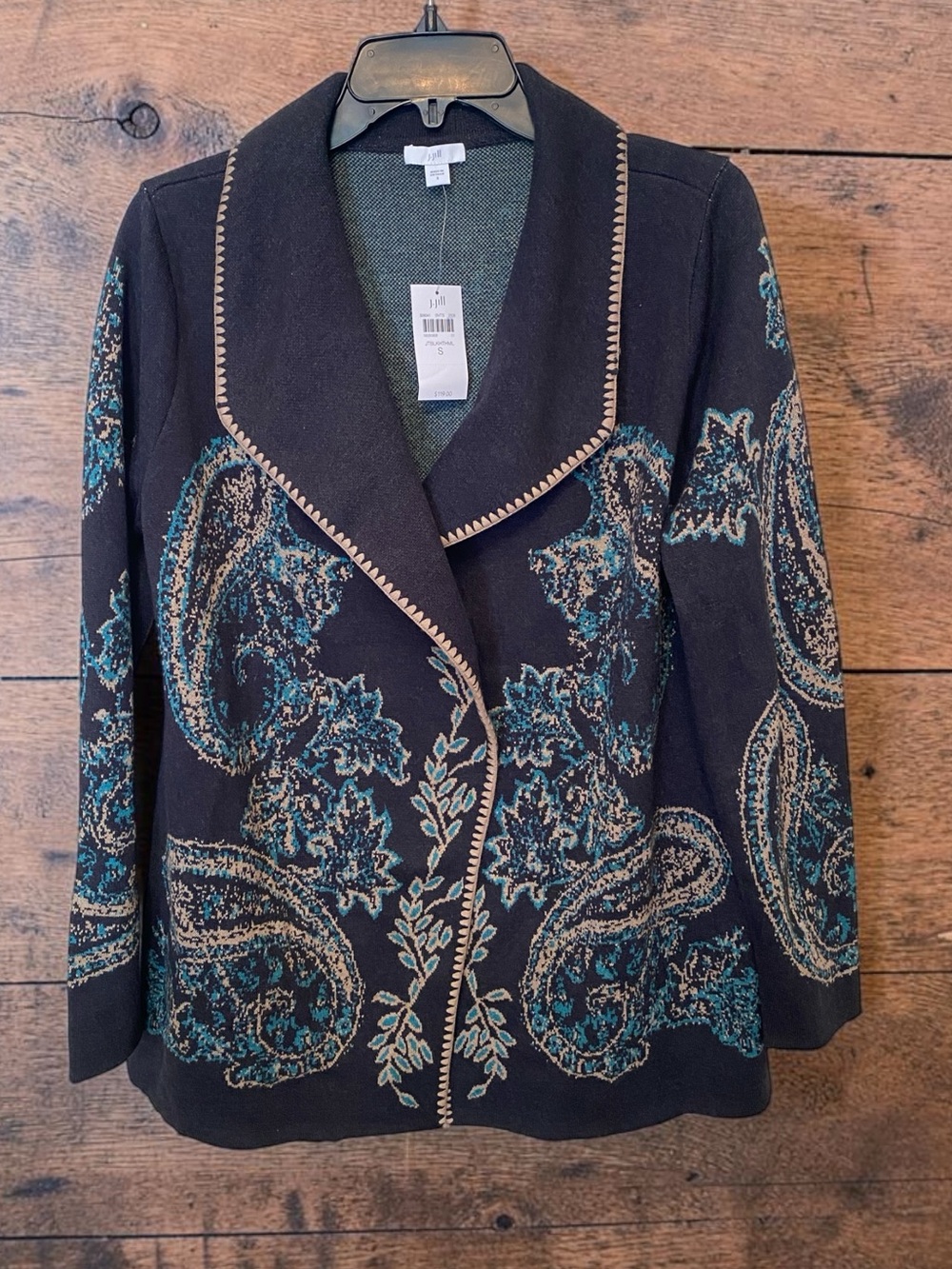 J. Jill NWT Gorgeous Dark Gray Cardigan with Teal and Cream Paisley Size S